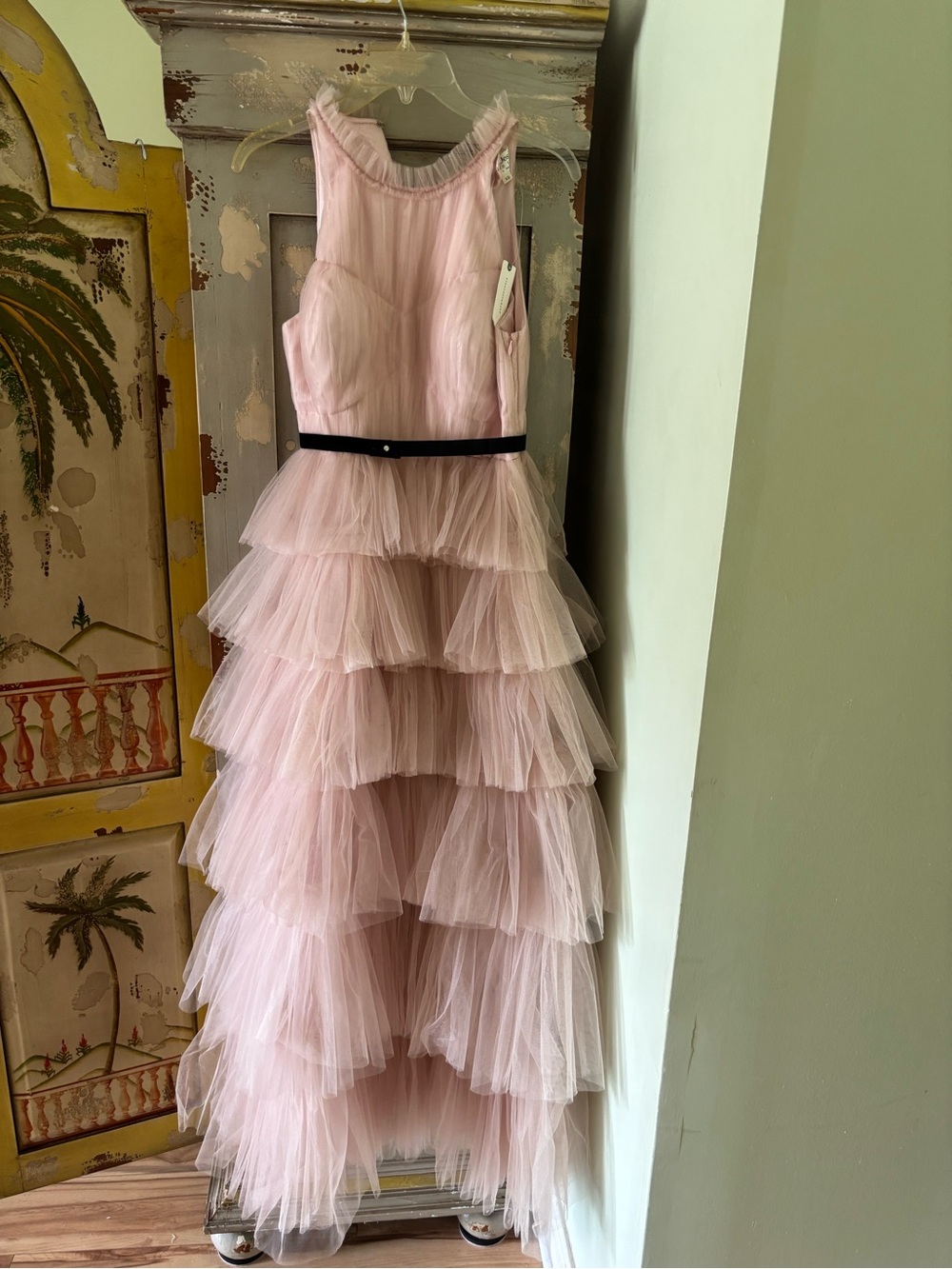 Pink Rose Blush 6 Tiered Tulle maxie Dress with Black Waistband